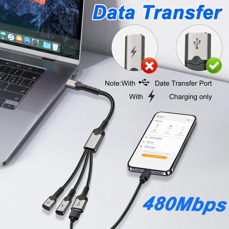 XMSJSIY Type-C Male to 2 USB-C Female& 1 USB-A Female Y Splitter Cable | 1 in 3 Out Charging Cable PD 60W Fast Charging and OTG Port Data Transfer Converter Cable - 30CM/11.8INCH