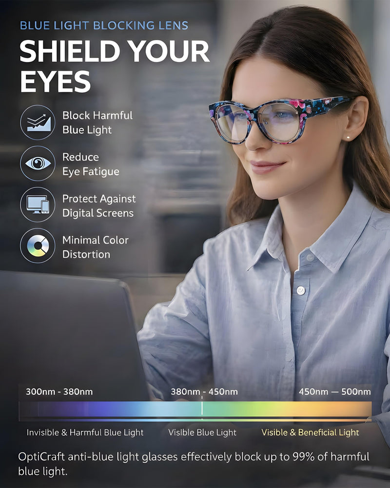 OptiCraft Blue Light Blocking Glasses Wear Over Prescription | Alleviate Eye Strain & Reduce Headaches, Round Lightweight Oversized Design, Ideal for Office Work and Daily Use A01 Floral / Clear