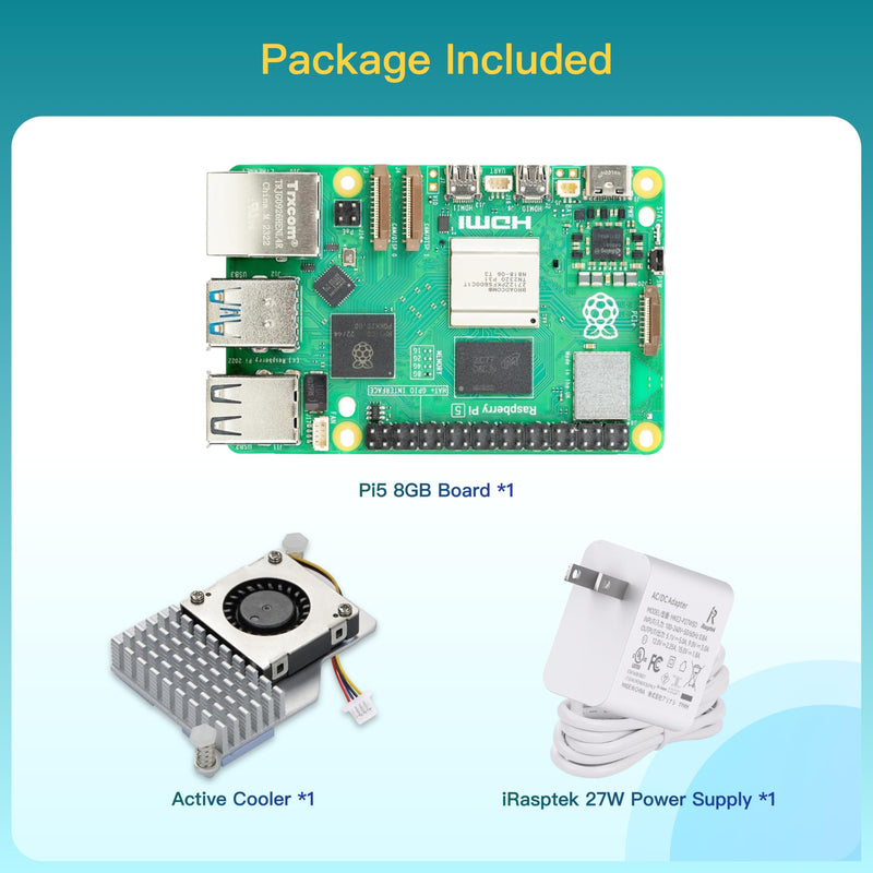 iRasptek Basic Starter Kit for Raspberry Pi 5 8GB RAM- Includes 8GB Board, 27W PD Power Supply and Active Cooler