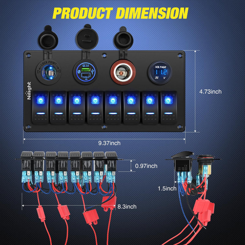 Nilight 8 Gang Rocker Switch Panel Waterproof Aluminum Marine with PD Type C & USB Charger Cigarette Lighter Socket Voltmeter Inline Fuse 12V 24V ON Off Pre-Wired Switches for Car Truck Boat Blue 8+4 Gang Type C +USB