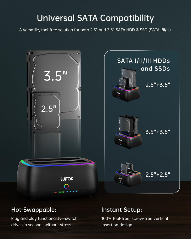 Dual Bay SATA Hard Drive Cloner Dock USB C 5Gbps | 2.5" 3.5" | 40TB | HDD SSD Docking Station, Offline Duplicator External Data Reader Storage Backups Recovery RTL9201DP RGB Light for Laptop PC Black [STK11 6Gpbs Dual Bay SATA Dock]
