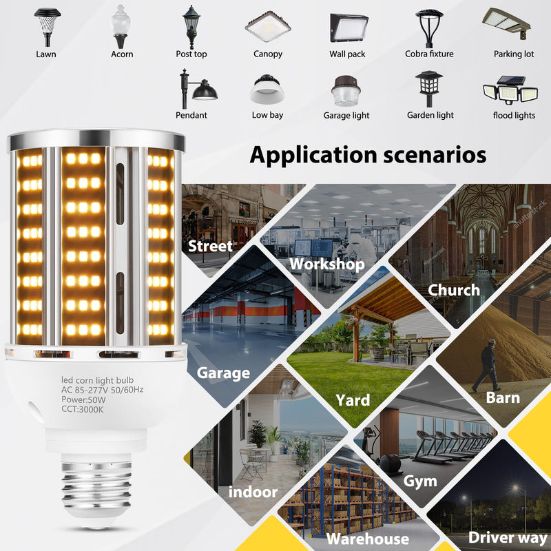 50W 2 pack LED Corn Light Bulb,3000K Warm White 6500LM(500W Equivalent ) Commercial GradeE26/E39 Medium Mogul Base LED Lamp,Large Area Lights For Outdoor Indoor Garage Warehouse Factory Bay Light 2pack 50.1w Corn Bulb