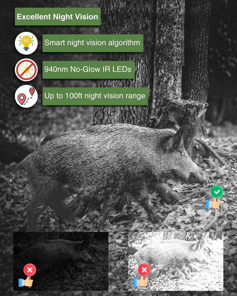 Trail Camera S5, Super-Low-Light Sensitivity Sensor, 48MP 1296p, Game Camera with No Glow 100ft Night Vision, 0.1s Trigger Speed Motion Activated, Waterproof