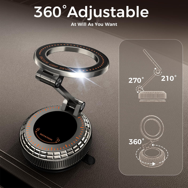 Metal Magnetic Car Phone Holder for Magsafe Phone, Dark Gray | 360° Adjustable Car Phone Mount, Suction Cup Phone Holders for Your Car for iPhone 17-12 Pro Max Air Plus & Android