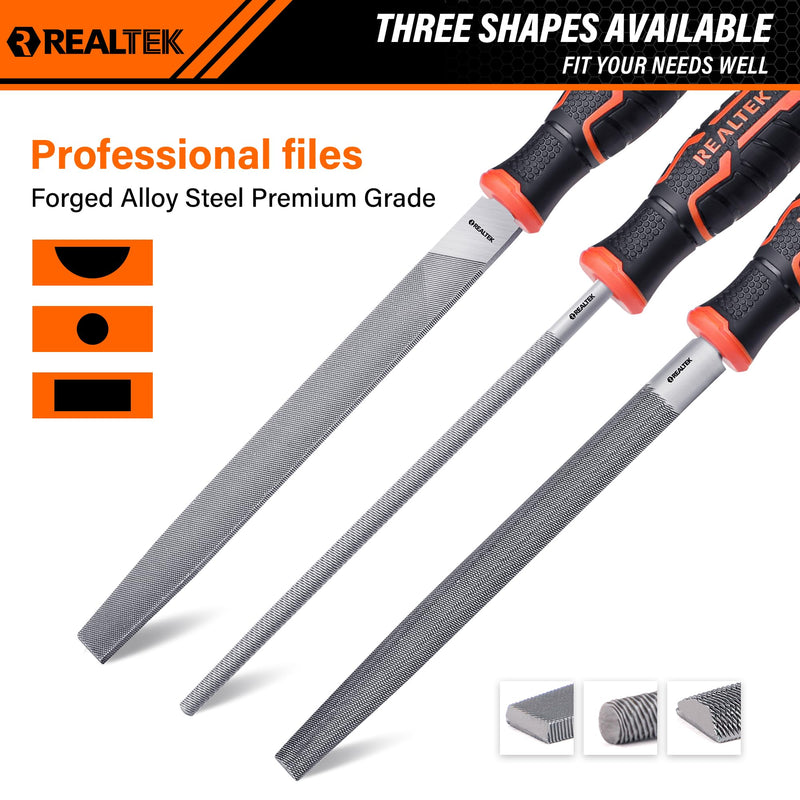 REALTEK 3-Piece Metal File Set, 12-inch Double Sided Steel Set, Includes Half-Round/Round/Flat Files, T12 Carbon Sharpening File, Professional Hand Files for Hard Metal Shaping MetalFiles-3pc