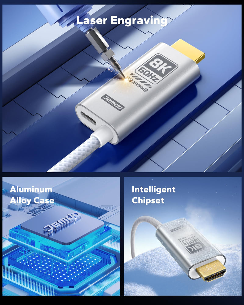 JEMDO Switch 2 (22.2.0+) Dock HDMI Cable 8K@60Hz HDR/ 4K@240Hz, 6.6ft USB-C to HDMI 2.1 48Gbps TV Dock, 100W PD Play While Charging, White Braided Portable Travel Adapter, Work with Switch 2/2017/OLED 8K60Hz WhiteBraid