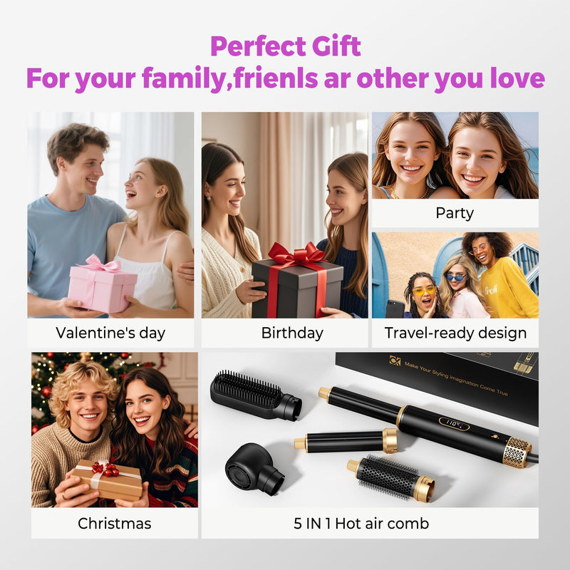 UMIGA 5 in 1 Hot Air Styler Brush Set Ionic Hair Dryer and Volumiser with LCD Display Auto Rotating Curler Straightener and Waver for All Hair Types 1000W Professional Styling Tool Blackgold