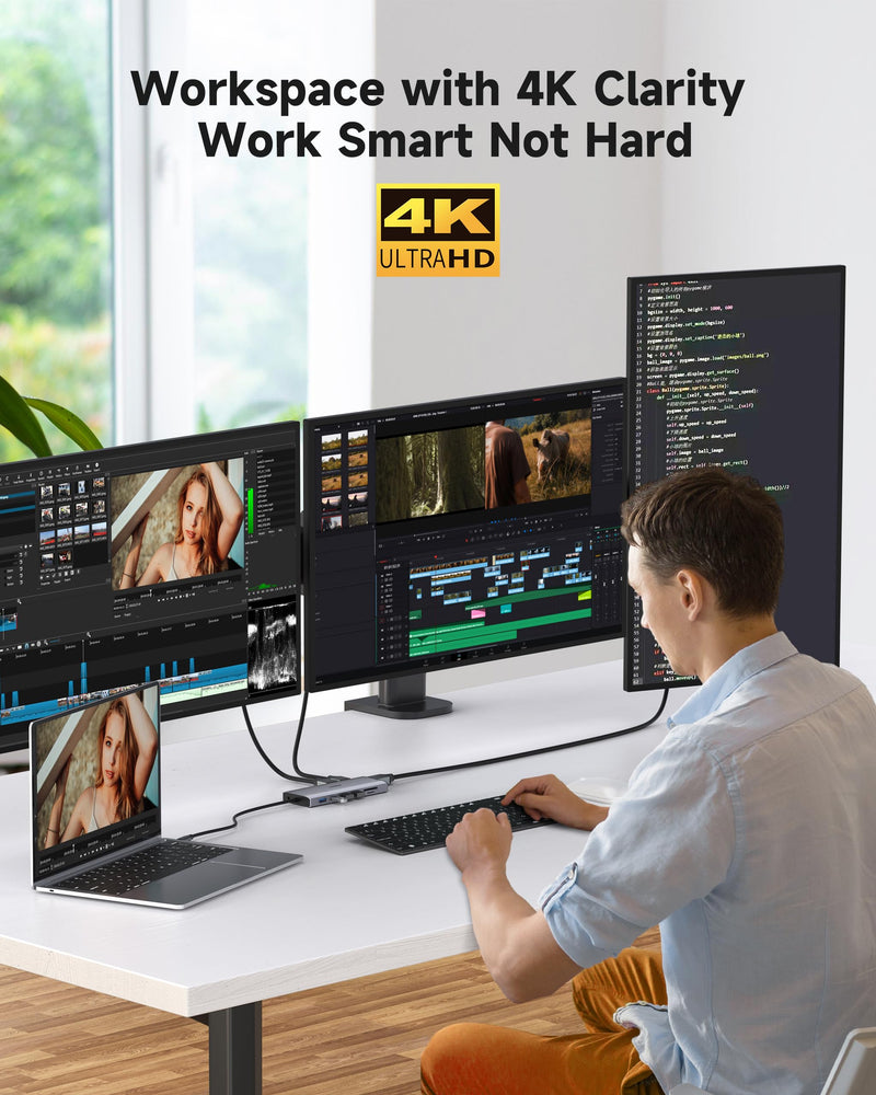 Triple Monitor Docking Station, 14-in-1 USB C Hub with DP 8K@30Hz/4K@144Hz, Dual HDMI 4K@60Hz, 100W PD, 7 USB Ports, SD/TF Card Reader, Gigabit Ethernet for MacBook & Windows Laptop 2*4K HDMI+8K DisplayPort