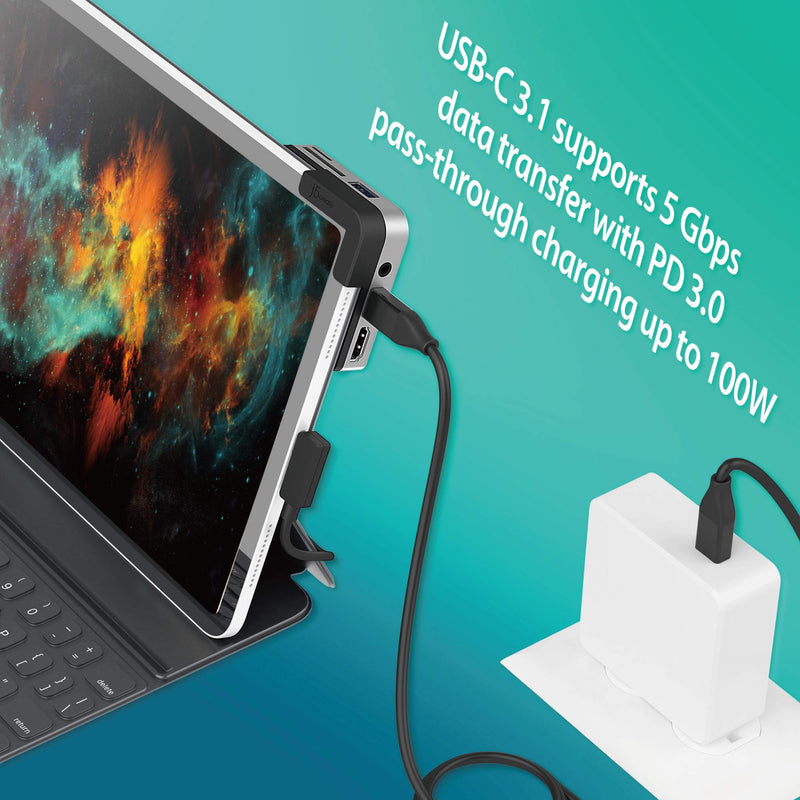 j5create iPad Pro USB C Hub- 6-in-1 Travel Dock for iPad Pro 12.9”/11” | with 4K@60Hz HDMI, USB C PD Charging 100W & Data, USB A 3.1, SD and microSD Card Reader, 3.5mm Headphone Jack (JCD612)