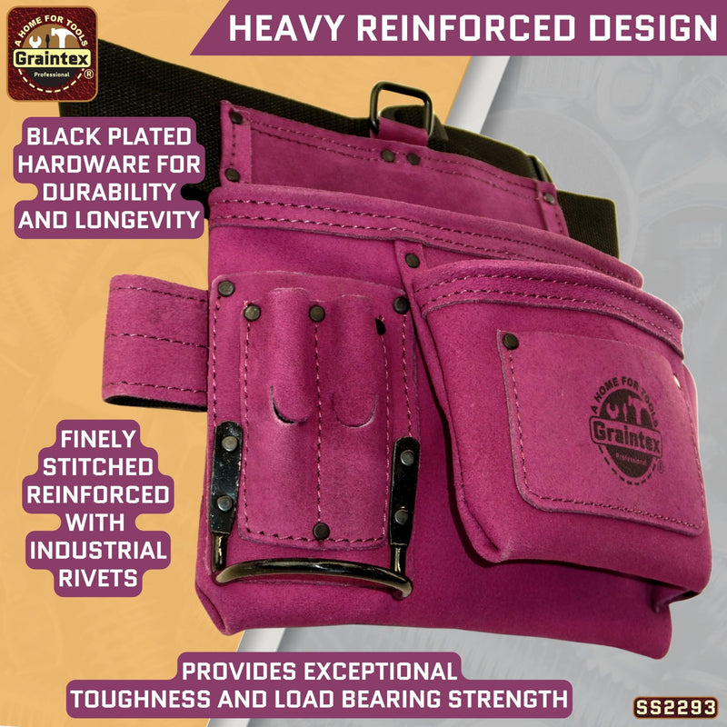 Graintex 5 Pocket Suede Leather Tool Belt/Bag | Purple | Multipurpose Leather Tool Belt for Women and Men | Construction, Electrician, Handymen, Carpenter, Gardening Pouch and DIY Projects
