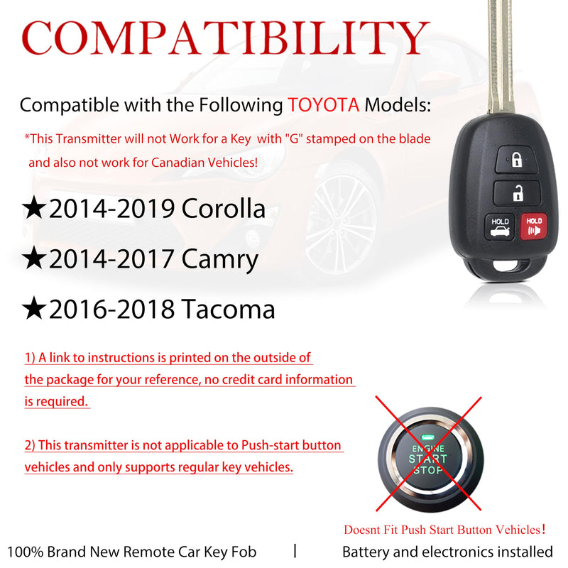 MechanMagic Key Fob Remote Replacement Fits for Toyota Corolla 2014 2015 2016 2017 2018 2019/Camry 2014-2017/Tacoma 2016-2018 HYQ12BDM Keyless Entry Remote Control HYQ12BEL 89070-02880 H Chip