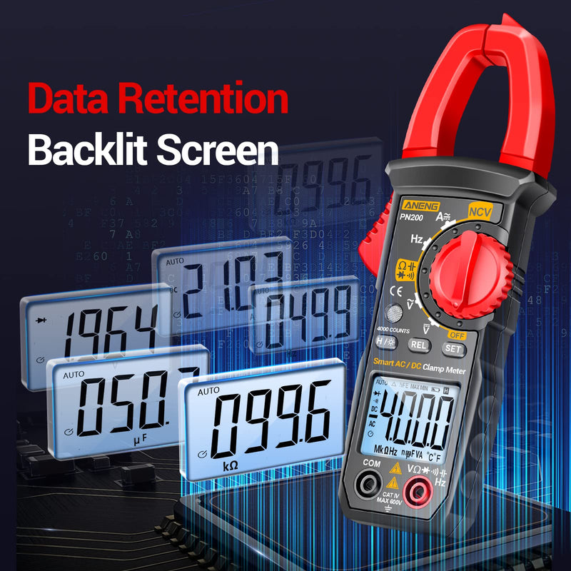 ANENG Digital Clamp Meter Multimeter Tester with AC/DC Current,Voltage, NCV Amp Ohm Volt 4000 Counts Meter Measures Capacitance, Resistance, Diodes, Continuity Frequency Backlight Electrican Tools 4000 Counts AC/DC Current