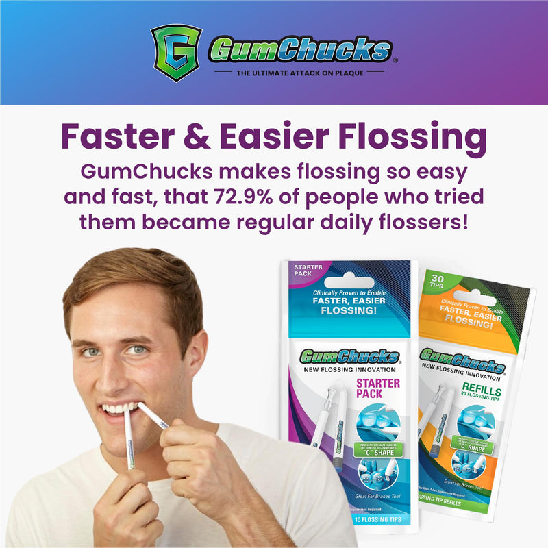 GumChucks Refill Tips - Floss Picks for Braces & Tight Teeth – Reusable Dual Handle Flosser – No Hands in Mouth - Easy for Kids, Adults & Seniors (90 Tips) Refill Tips (90)