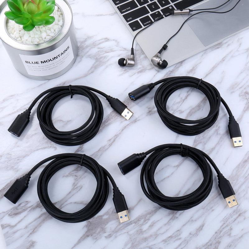 USB 3.0 Extension Cable, 4Pack [6ft] USB A Male to Female Braided Extender Cord 5Gbps Fast Data Transfer for Hard Drive, Keyboard, Mouse, Webcam, USB Flash Drive, Printer - Black