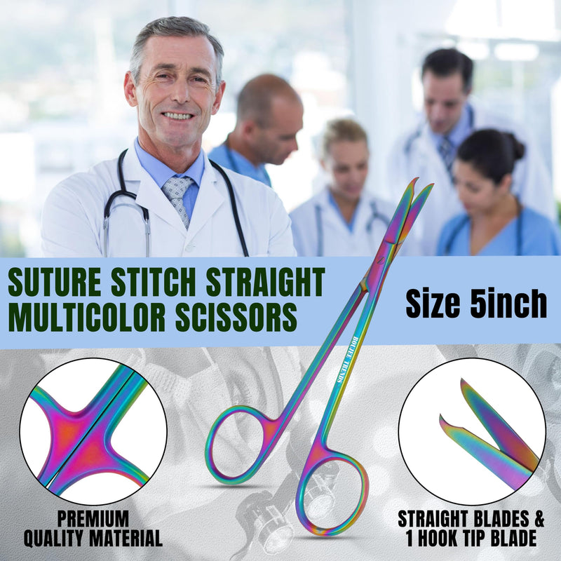 Suture Stitch Scissors with Multicolor/Rainbow Titanium Coating - Premium Quality Instrument- Delicate Hook - Perfect for Suture Removal, First Aid, EMS Training and More (13cm) 13cm