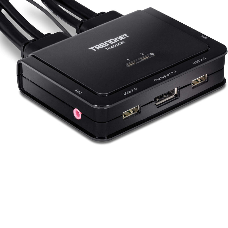 TRENDnet 2-Port 4K DisplayPort 1.2 KVM Switch with Audio, 4K UHD (3840 x 2160@60Hz), 3.5mm Speaker/Microphone, USB 2.0, Integrated Cables, Black, TK-220DPI 2-Port 4K DisplayPort KVM