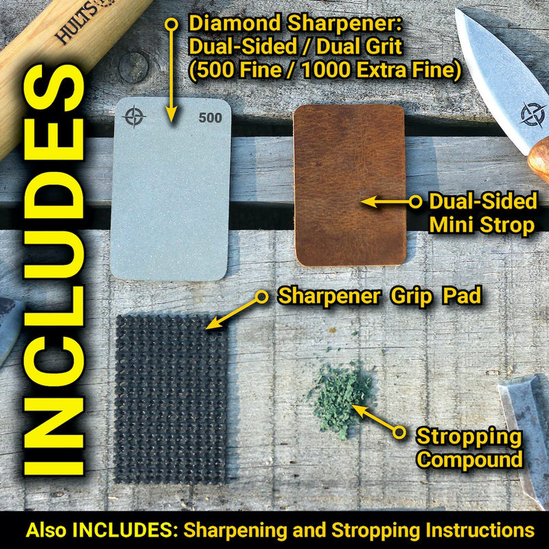 Tiny Survival KNIFE & TOOL Sharpener KIT - Ultimate 4-IN-1 EDC KIT: Double-Sided, Dual Grit, Credit Card Diamond Pocket Field Sharpening Stone DWS + Mini Strop + Stropping Compound + Grip Matt - GIFT