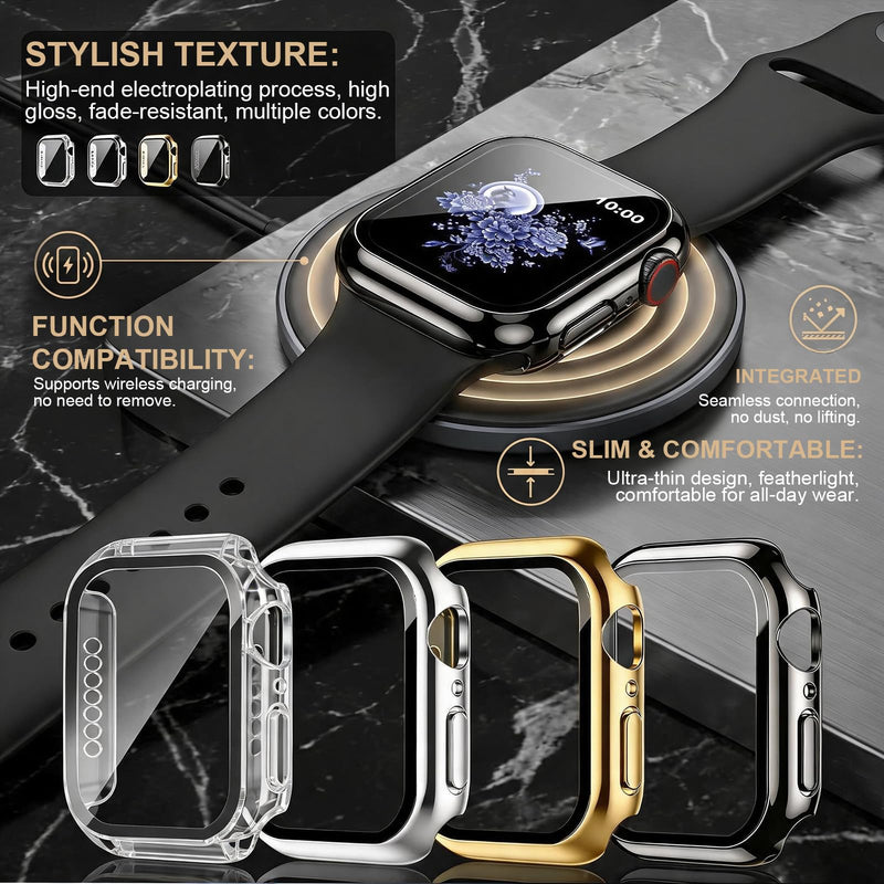 4 Pack Hard Case for Apple Watch Screen Protector Compatible with Apple Watch 40mm SE 3/2nd/Series 6/5/4 with Tempered Glass Screen Protector, Full Coverage Anti-Scratch Plated PC Cover Case Black/Gold/Silver/Transparent 40mm Series 4/5/6/SE/SE 2nd