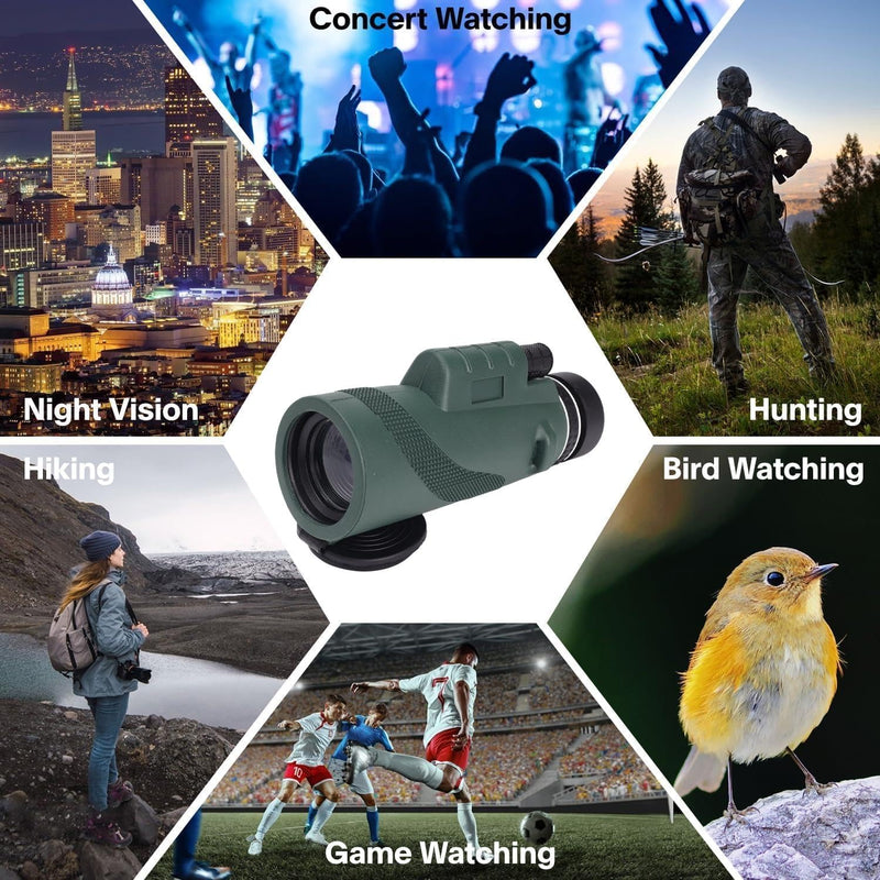 80X100 Monocular Telescope, High Power Monocular for Adults with Phone Adapter & Tripod & Hand Strap, Equipped with BAK4 Prism for Bird Watching (Green, 15.3x7cm) Green