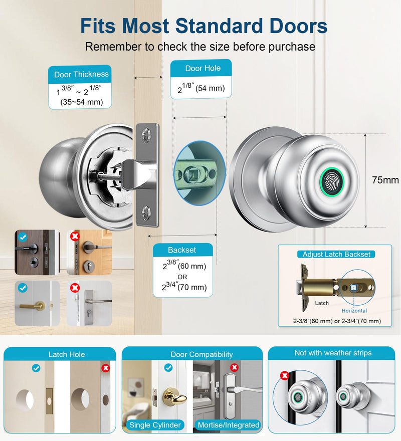 KLLOQUE Fingerprint Door Lock, Smart Fingerprint Door Knob with Lock, Biometric Door Locks with App Control & Key, Keyless Thumbprint Entry Door Locks for Bedroom, Front Door, Home, Apartment-Silver With App-Silver