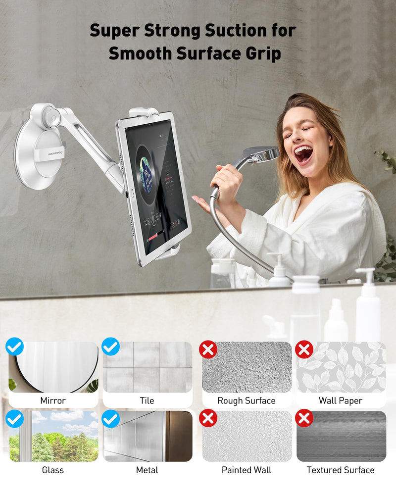 AboveTEK iPad Suction Mount, Phone Tablet Stand Holder with Suction Cup Fits 4"-11" Tablet/Phone/iPad mini/Air, Sticky iPads Mount on Window Bathroom Mirror, for Car Truck Windshield Boat (White) White