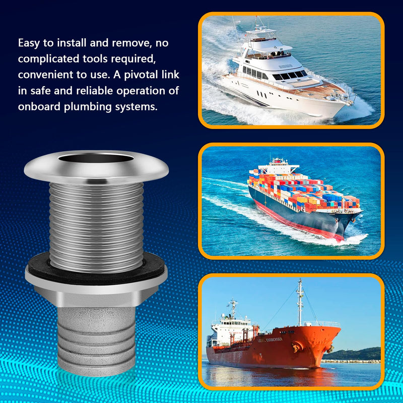 Thru Hull Fittings for Boats, Stainless Steel Yacht Through Hull Connecter with Straight Barb, Marine Barbed Hose Skin Fitting Drain for 3/4 inch I.D. Hose, 1 inch I.D. Hose 1'' ID