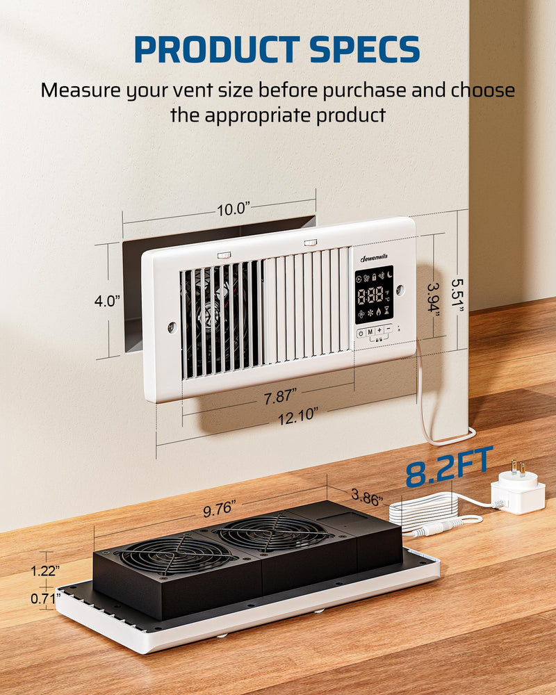 DEWENWILS Register Booster Fan, 4" x 10" Register Holes, 180 Adjustable Grille Vent Fan Booster, Improves Heating & Cooling Vents, Quiet 140 CFM, Panel & Remote Control for Room, Floor, Wall, White 4" x 10"