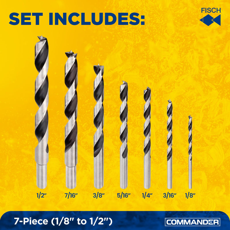 Fisch Premium Brad Point Drill Bit Set, High-Accuracy Woodworking Bits with Beveled Edges for Smooth, Tear-Free Holes, Ideal for Pros & DIY, Made in Austria, 7 Pcs Set Inc (1/8" to 1/2") 7 Piece Set (1/8 in - 1/2 in)