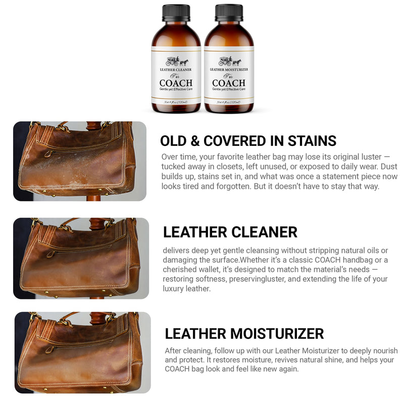 Leather Cleaner & Moisturizer Set for Coach, Gentle Formula to Remove Stains & Restore Shine, Keeps Leather Looking Like New, 120ml x2