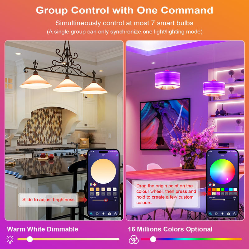 FRIDEKO HOME Smart Light Bulbs - Led Dimmible Color Changing Light Bulb for Home Works with Bluetooth Music Sync - A19 RGB Lightbulb for E26 Base with APP Control & Timer (4 Pack) Bluetooth-4Pack