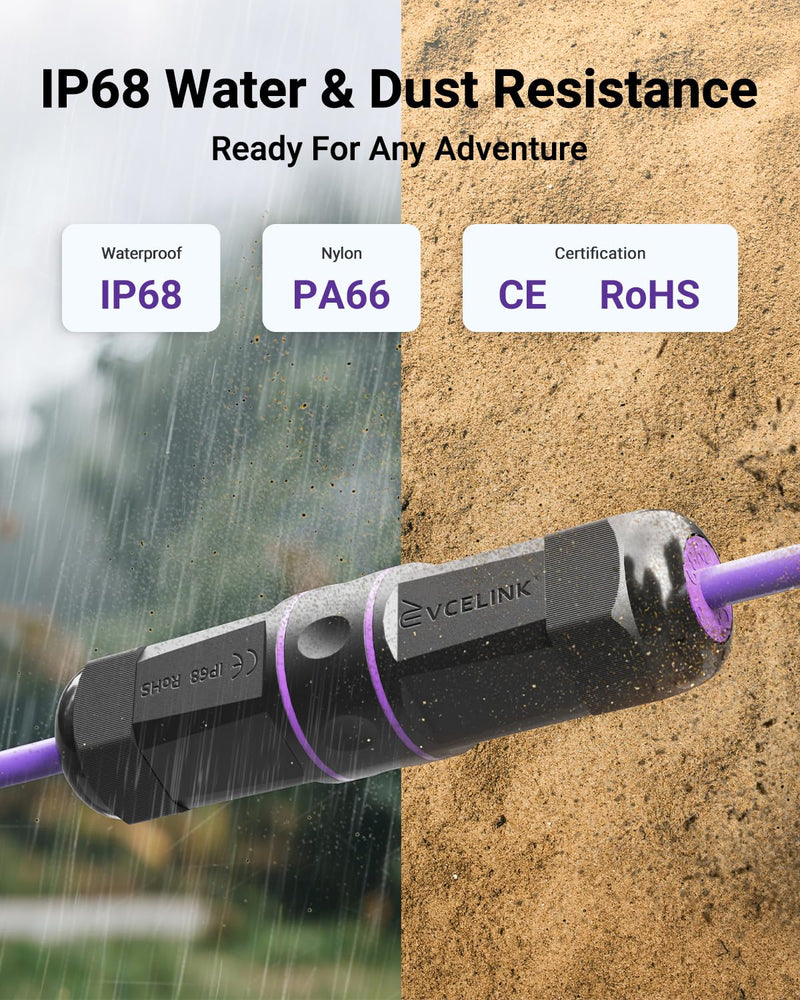 VCELINK IP68 Waterproof RJ45 Coupler (4.43in) - 1000Mbps Shielded Outdoor Ethernet Extender, Tool-Free Cat6/5e/5 PoE+ Compatible, 6-Pack