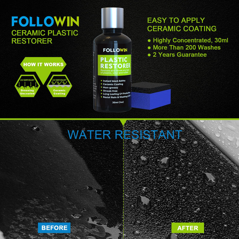 FOLLOWIN Plastic Restorer for Cars - Black Trim Restorer & Ceramic Coating, Resists Water, UV Rays, Dirt, Not a Dressing, Hydrophobic Protection, Highly Concentrated Formula,30ml 30ml