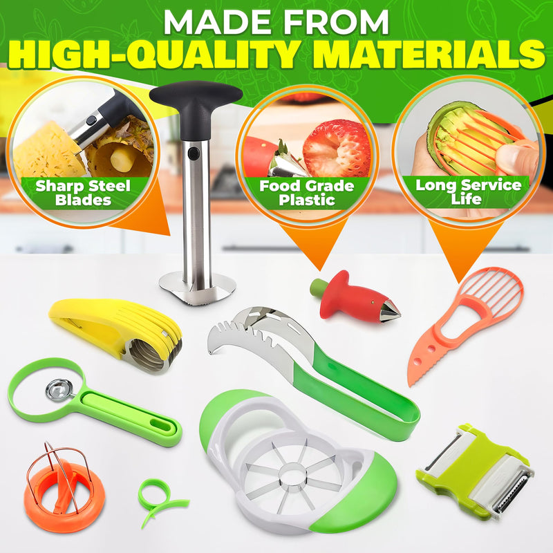 10 Pcs Pineapple Corer and Slicer Set – Sturdy, Sharp & Easy to Clean Pineapple Cutter with Multi-Fruit Corers, Slicers & Peelers – Works for Apples, Melons, Avocados, Citrus, Berries, Bananas & More