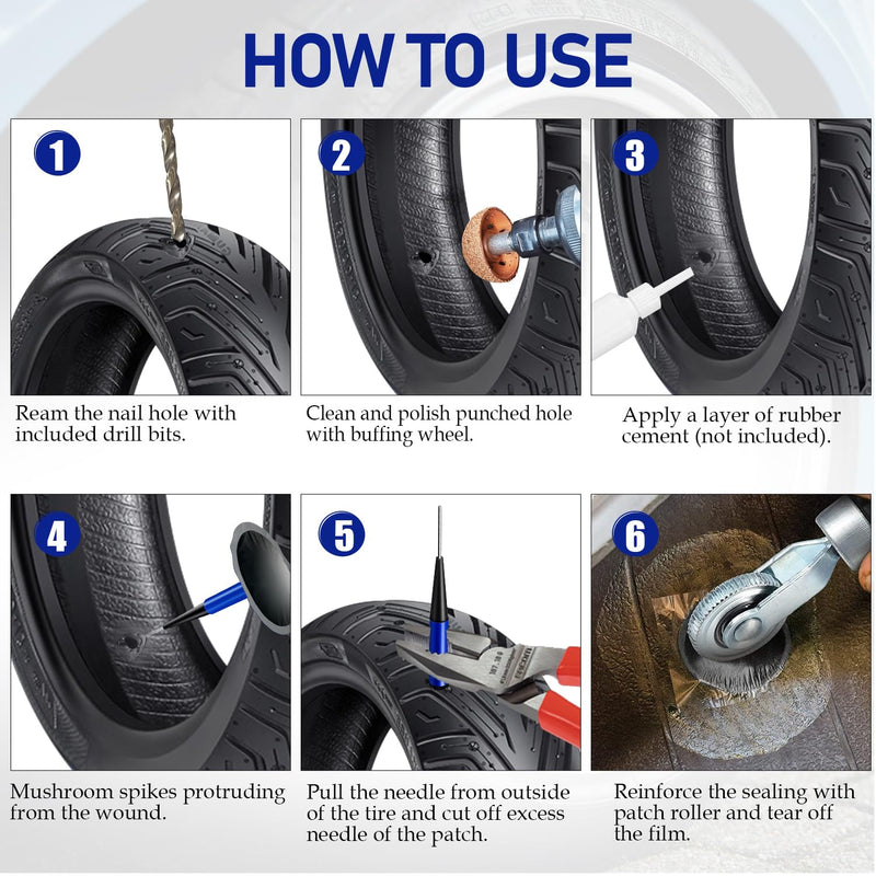 Tire Repair Patch Tool Kit Including 24pcs Tire Patch Plugs, Tungsten Buffing Wheel, Tire Patch Roller with 4mm Twist Drill Bits for Vehicle Tire Repair Kit