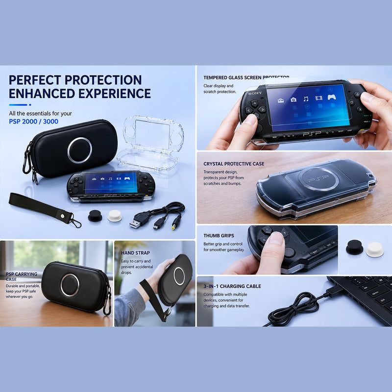 7-in-1 Accessories Kit for PlayStation Portable 2000/3000-Black Carrying Case with Screen Protector, crystal protective cover ,2 joystick caps, charging Cable & wristband hanging rope