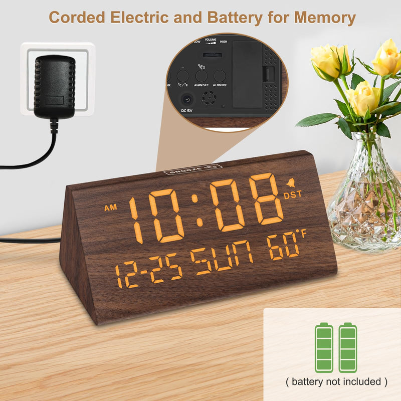 DreamSky Digital Alarm Clocks for Bedrooms - Wooden Desk Clock with Date, Day of Week, USB Port, Temperature, Dimmer for Bedside Table, Living Room, Office, Adjustable Volume, Auto DST, Wood Decor Brown - Date & Day