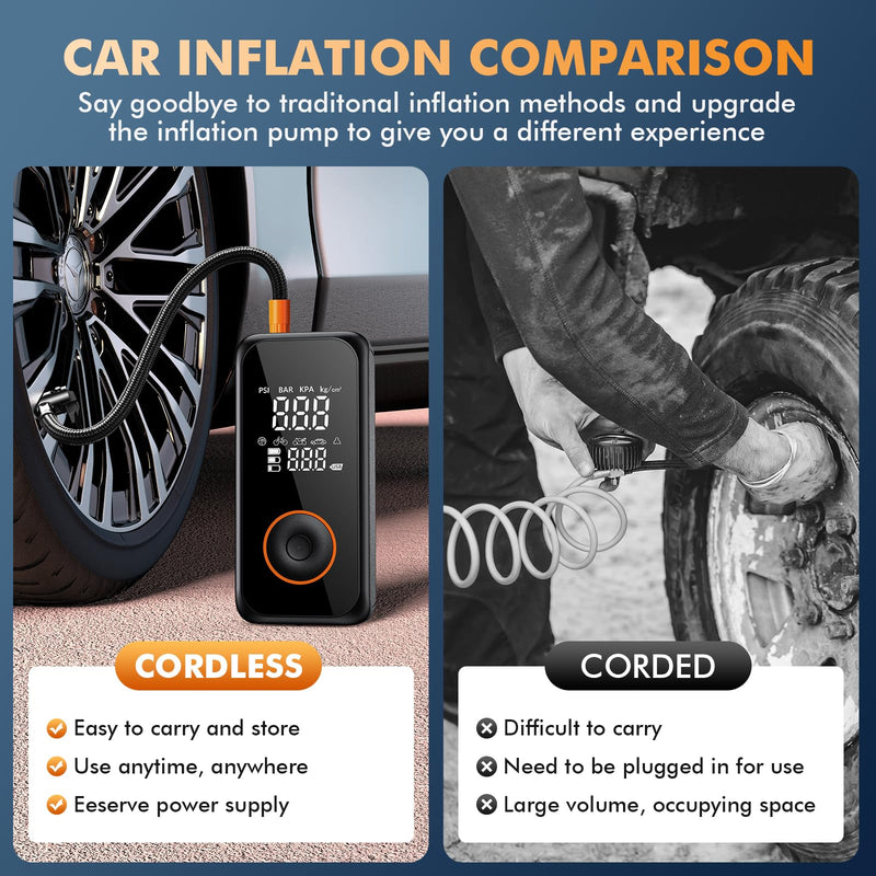 Portable Air Compressor, 150PSI Cordless Car Tire Inflator, 3X Faster Air Pump with Digital Gauge, Auto-off, LED Light, Tire Pump for Car, Bike, Motorcycle, Ball