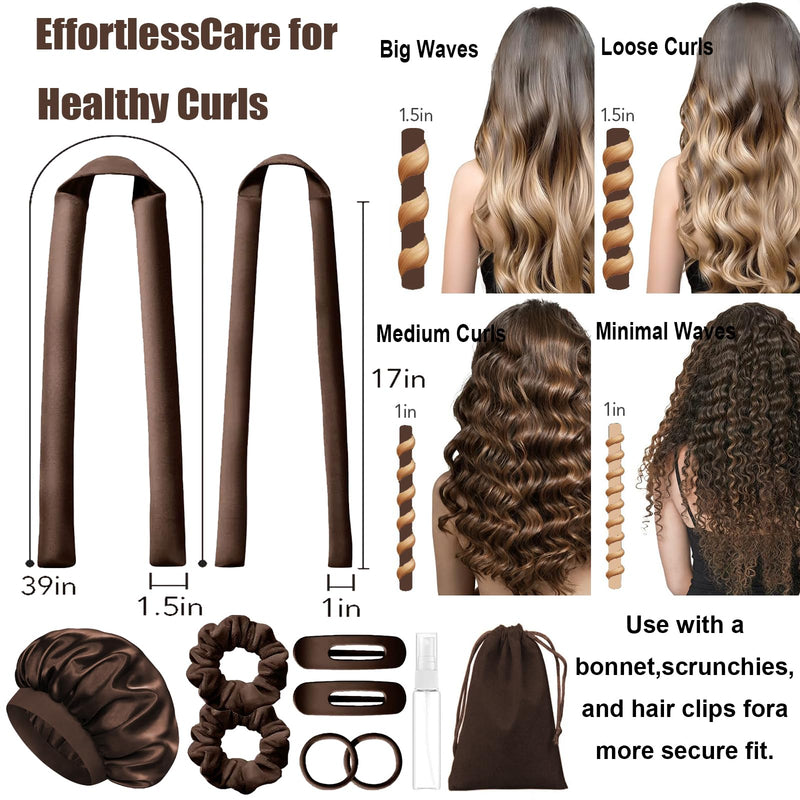 Heatless Hair Curler Overnight 11Pcs Set, 2 Sizes of Hair Rollers for Women with Bonnet to Sleep In, No Heat Curlers with Scrunchies and Clips, for Long and Medium Hair (Brown) Brown