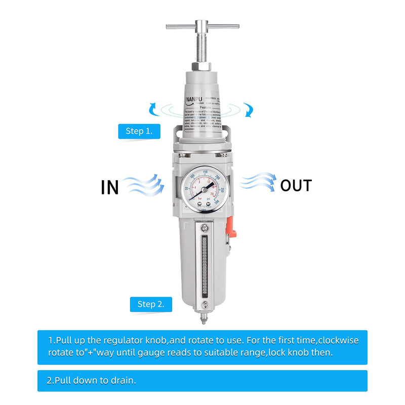 NANPU 3/8" NPT High Pressure Air Filter/Regulator Combo, T-Handle, Semi-Auto Drain, 0-300 Gauge, Metal Bowl (3/8" NPT)