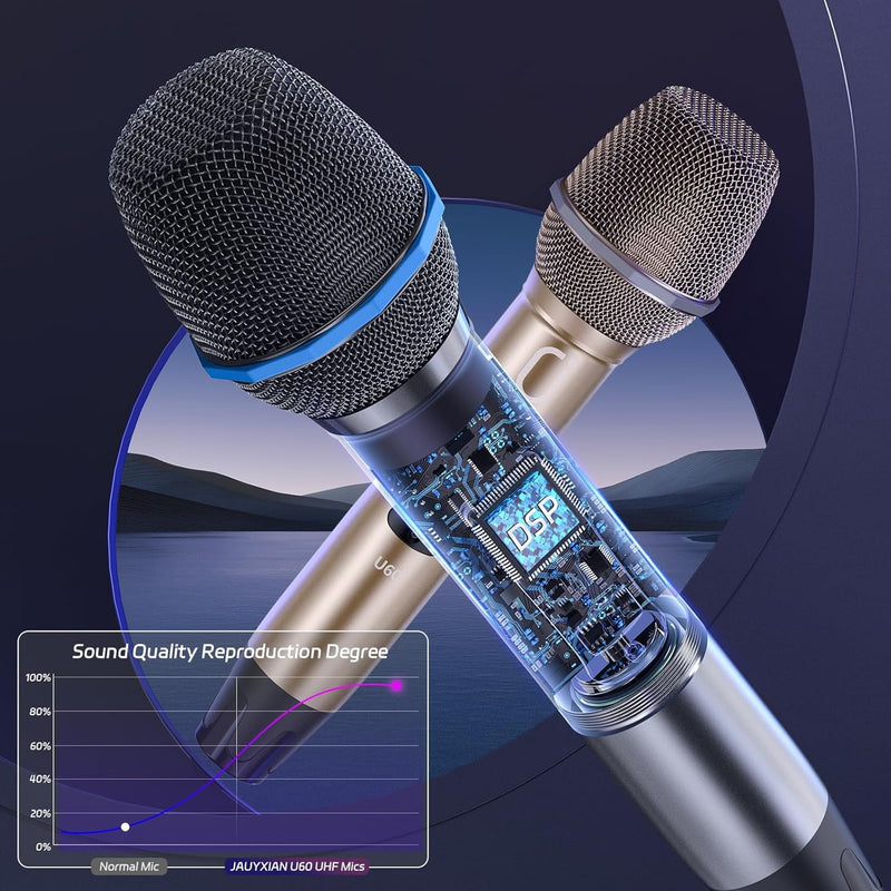 U60 Wireless Microphones, Dual UHF Microphone System with Rechargeable Receiver, Metal Karaoke Microphone for Singing, Wedding, DJ, Party, Speech, Church, Class, 200ft