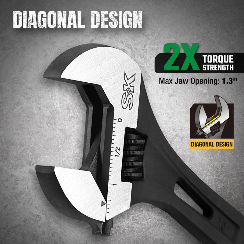 SK 10-Inch Adjustable Wrench, 2.6X ANSI Standard Strength, Heavy-Duty High-Torque, 1.31 '' Jaw Capacity, Cr-V Steel, Black Phosphate Finish, SAE & Metric Scale