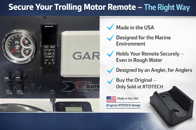 Remote Holder fits the Minn-Kota Advanced GPS trolling Motor Remote. Carbon Fiber Infused. Crafted by a Fisherman for Fishermen. Proudly Designed and Precision-Manufactured in the USA.
