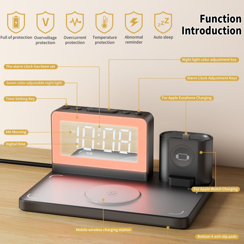 Wireless Fast Charging Station - 7 in 1 Alarm Clock with Wireless Charger Stand - Charging Dock for Apple,for Samsung Galaxy Multiple Devices - for iPhone Watch,for Airpods (Black) Black