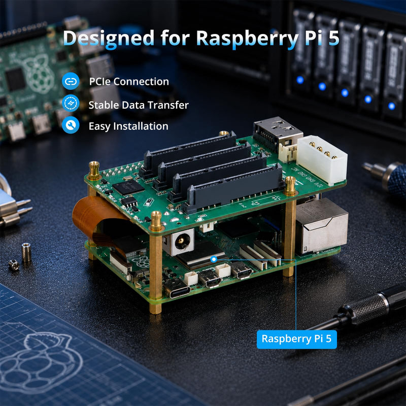 GeeekPi 5 Bay SATA Storage Expansion Board for Raspberry Pi 5 2GB/4GB/8GB/16GB, with 12V DC Power Supply