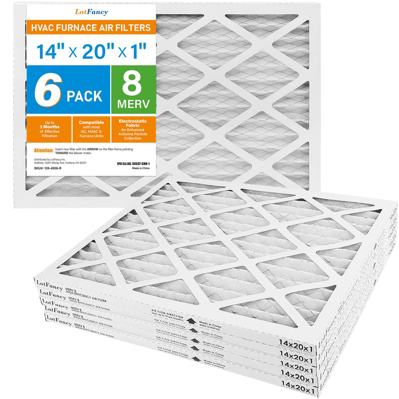 LotFancy 14x20x1 Air Filter MERV 8 6-Pack, Actual Size: 13.75"x19.75"x0.75",Pleated Furnace & AC Filter Replacement, Captures Dust, Pet Hair, Pollen MERV 8 6pcs