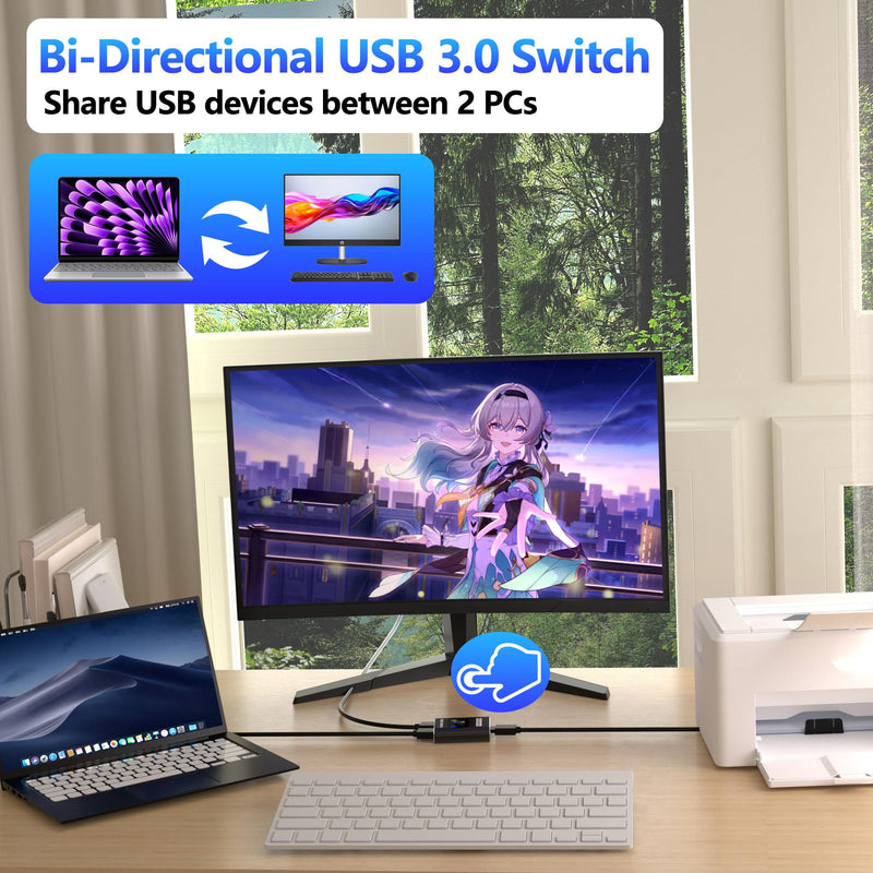 USB 3.0 Switch, Bi-Directional USB Switch 1 in 2 Out/ 2 in 1 Out, Aluminum USB Switcher 2 Computers Share USB Devices for Printer, Keyboard, Scanner, Mouse, Compatible with Win/Mac/Linux USB Switch Only