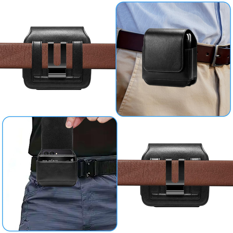 Phone Holster for Samsung Galaxy Z Flip 8 Z Flip 7 Z Flip6 Flip5/4/3, Flip Phone Specific Protective Leather Holster for Motorola RAZR 2025/2024 Case, Cellphone Belt Clip Holster Pouch(Matte Black) Small Matte Black