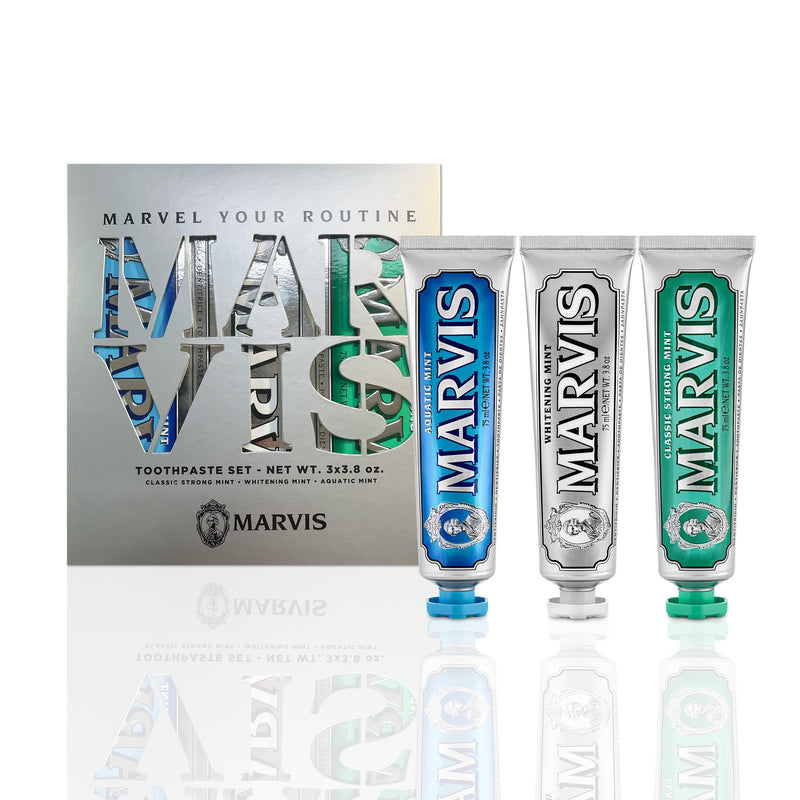 Marvis Best Sellers Trio, Classic Strong Mint, Whitening Mint, Aquatic Mint, 3 Tubes 75ml/3.8oz Each 11.4 Ounce (Pack of 1)