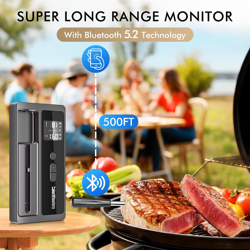 Wireless Meat Thermometer: 500FT Bluetooth Smart Meat Thermometer for Cooking and Grilling, CaloriMastery Digital Food Thermometer with Ultra-Thin Probe for Oven Safe, Kitchen, Smoker, BBQ Black