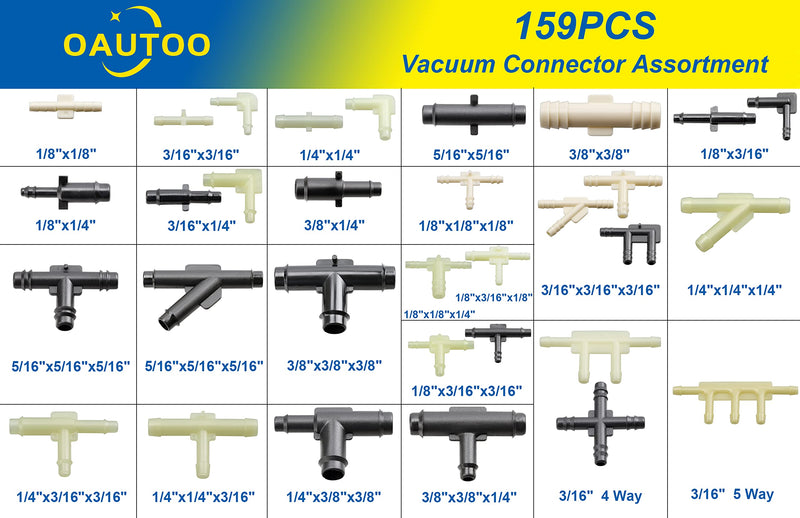 OAUTOO 32 Size Automotive Vacuum Tubing Connector Vacuum Tee Connector Assortment Kit 1/8" 3/16" 1/4" 5/16" 3/8"